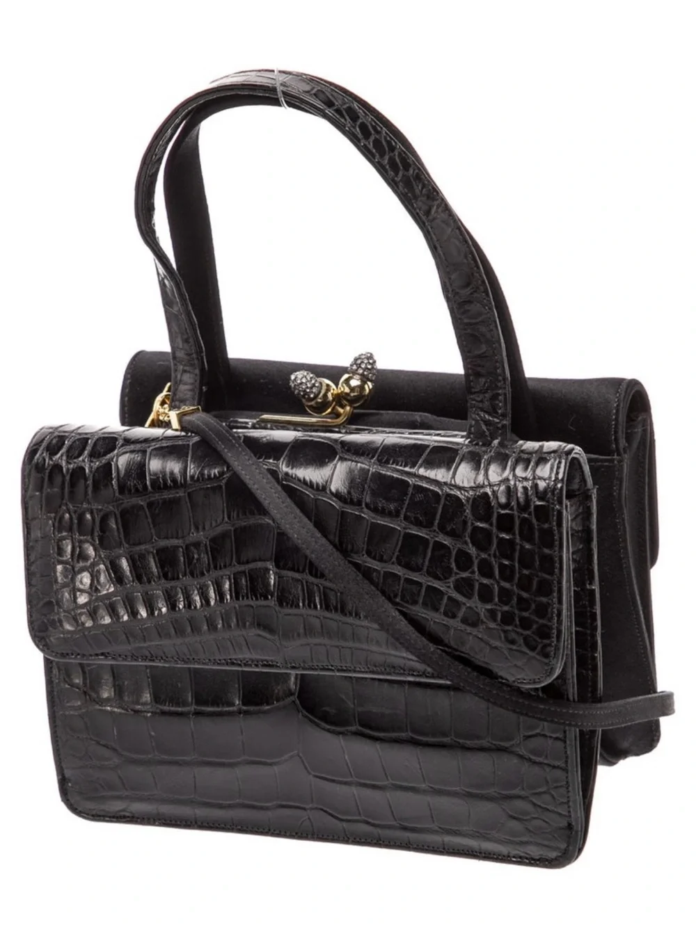 Judith Leiber Black Croc-Embossed Top-Handle Satchel with Gold Accent